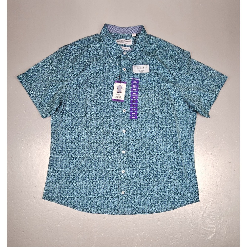 Nick Graham Button Up Shirt Mens 2XL Stretch Modern‎ Fit Green Floral Print SS